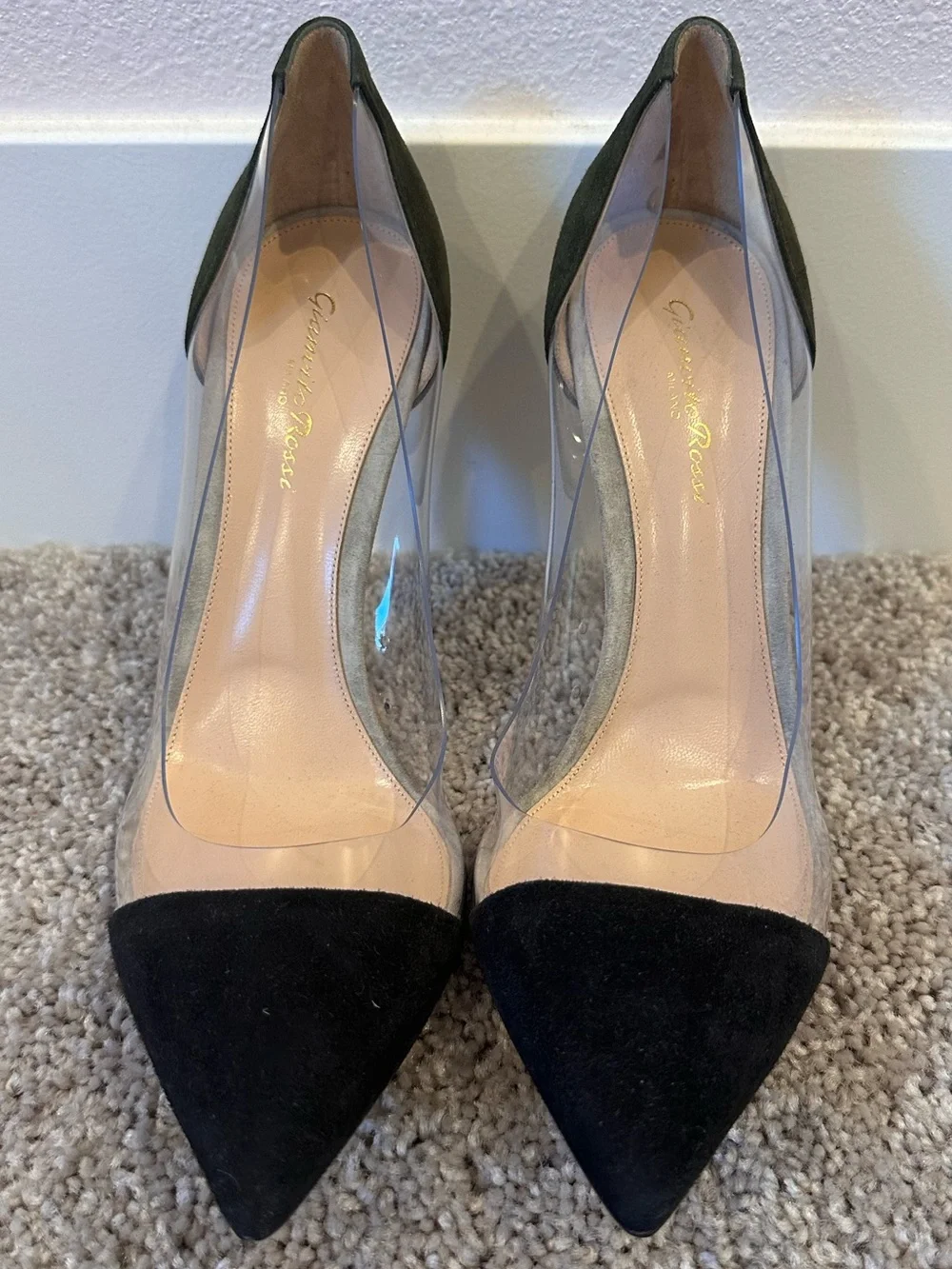Gianvito Rossi Plexi Clear-Panel Stiletto Pump in Black and Olive Suede